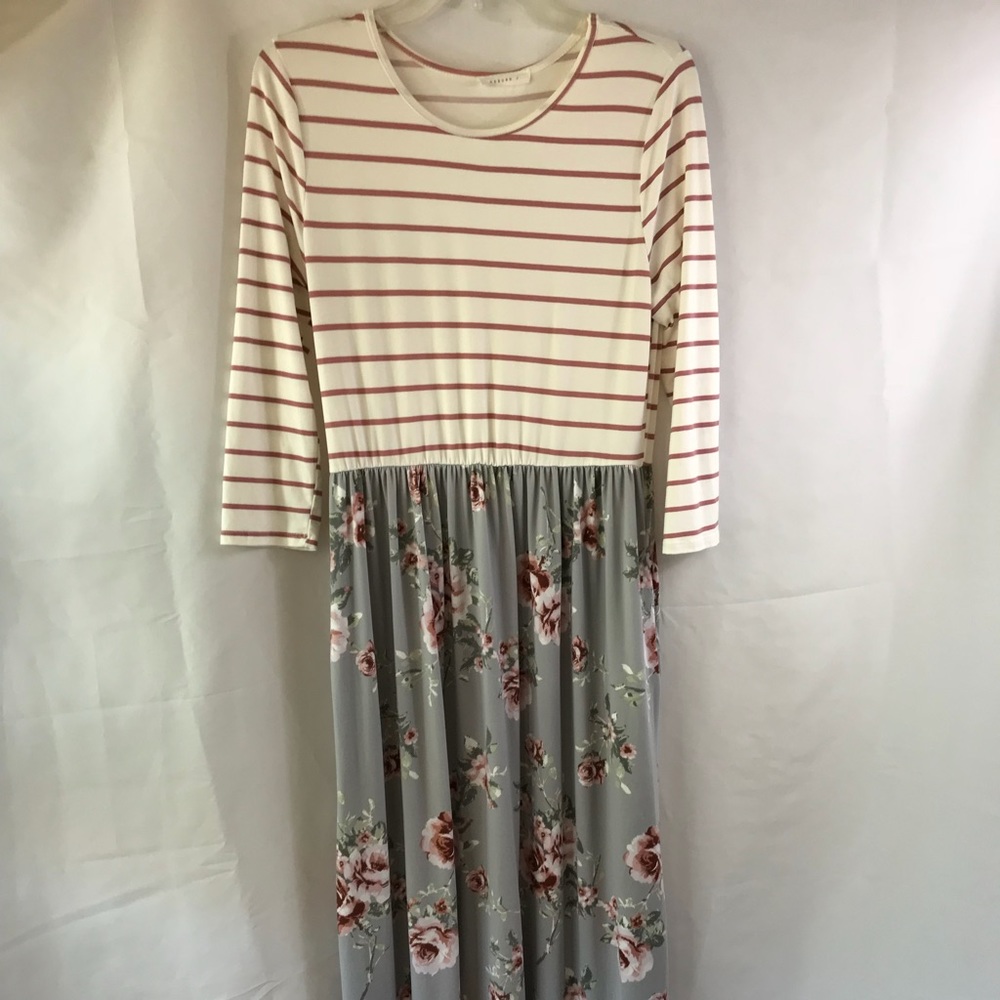 Rose Stripe Bodice Grey Floral Maxi Dress 1X 14